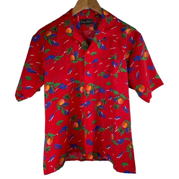 Vintage 90s Tropical Button Down Shirt Short Sleeve Collared Red Size Medium Tik - Picture 1 of 4